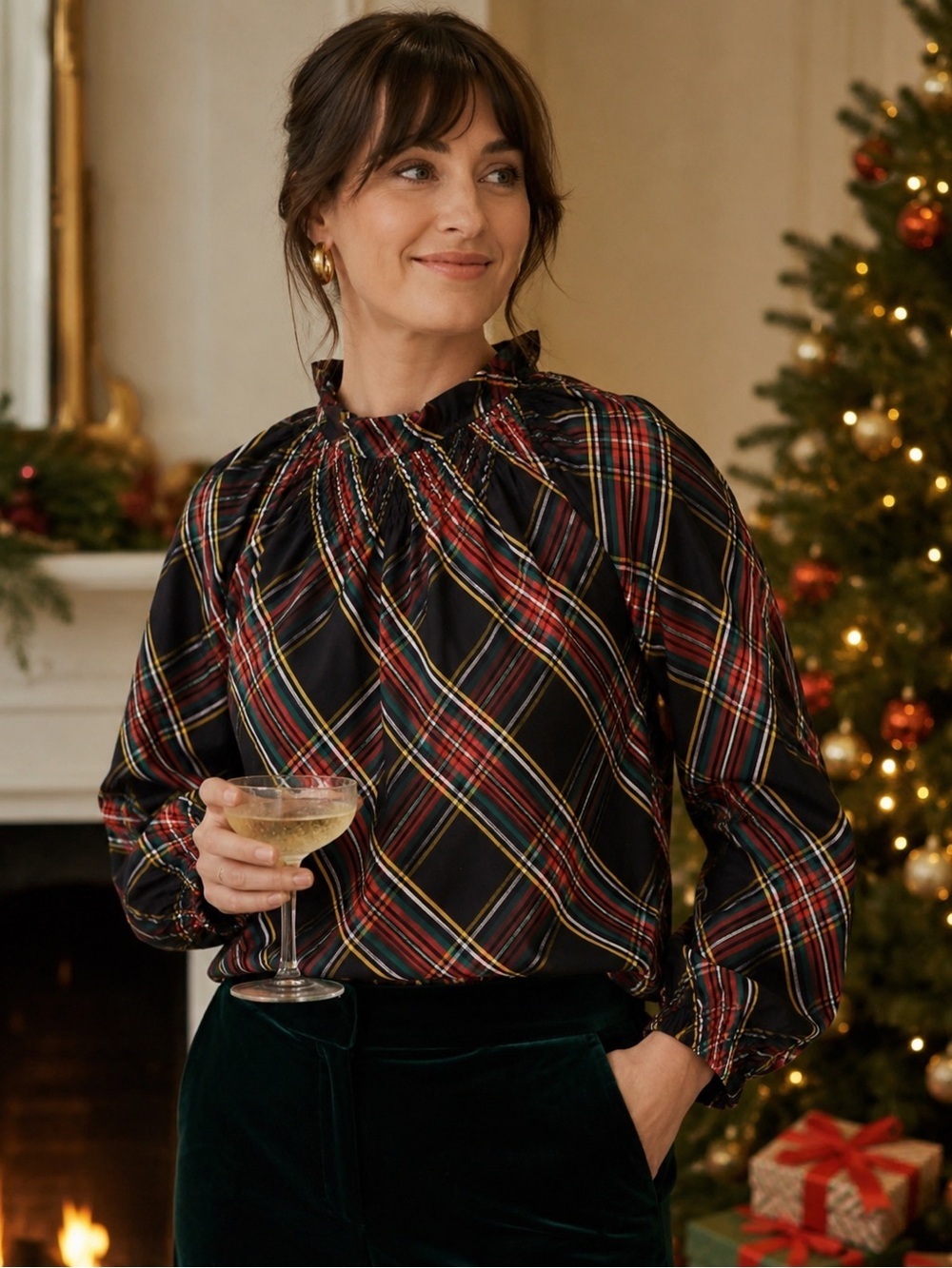 J Crew Womens Stewart Tartan Smocked Top Sz XXS Black Red Plaid Blouse Preppy